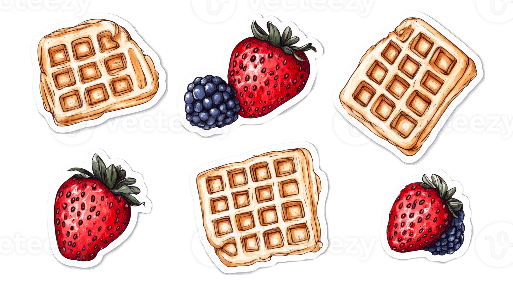 Waffles with berries, strawberries and blackberry, cut out transparent png