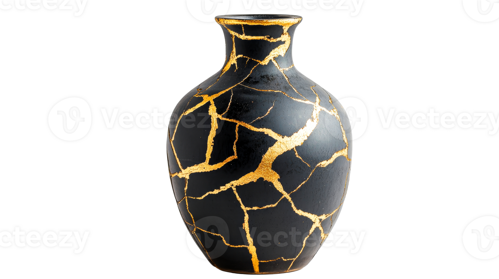Black vase with cracks filled gold on background, cut out transparent png