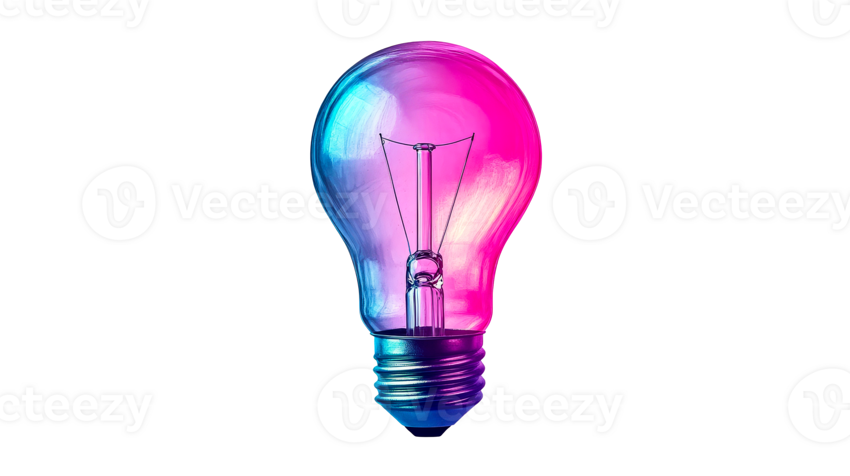 Glowing lightbulb in pink and blue colors on black background, cut out transparent png