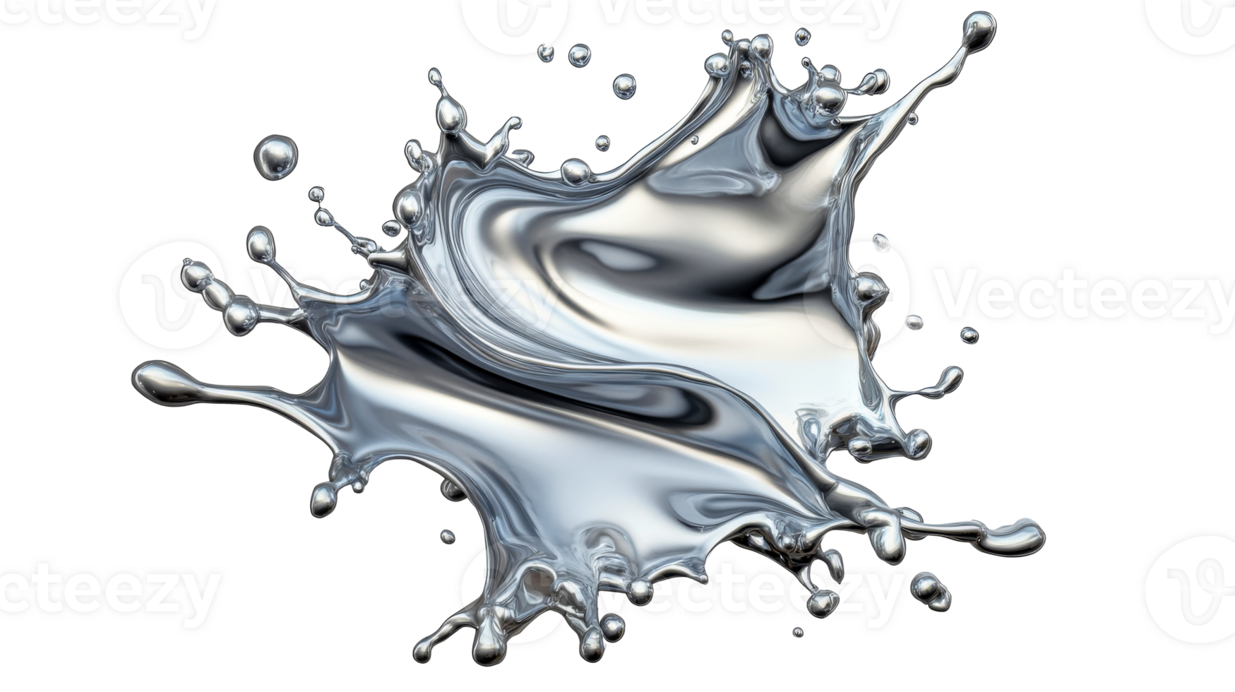 Silver liquid splash abstract shape and drops, shiny metal flow, cut out transparent png