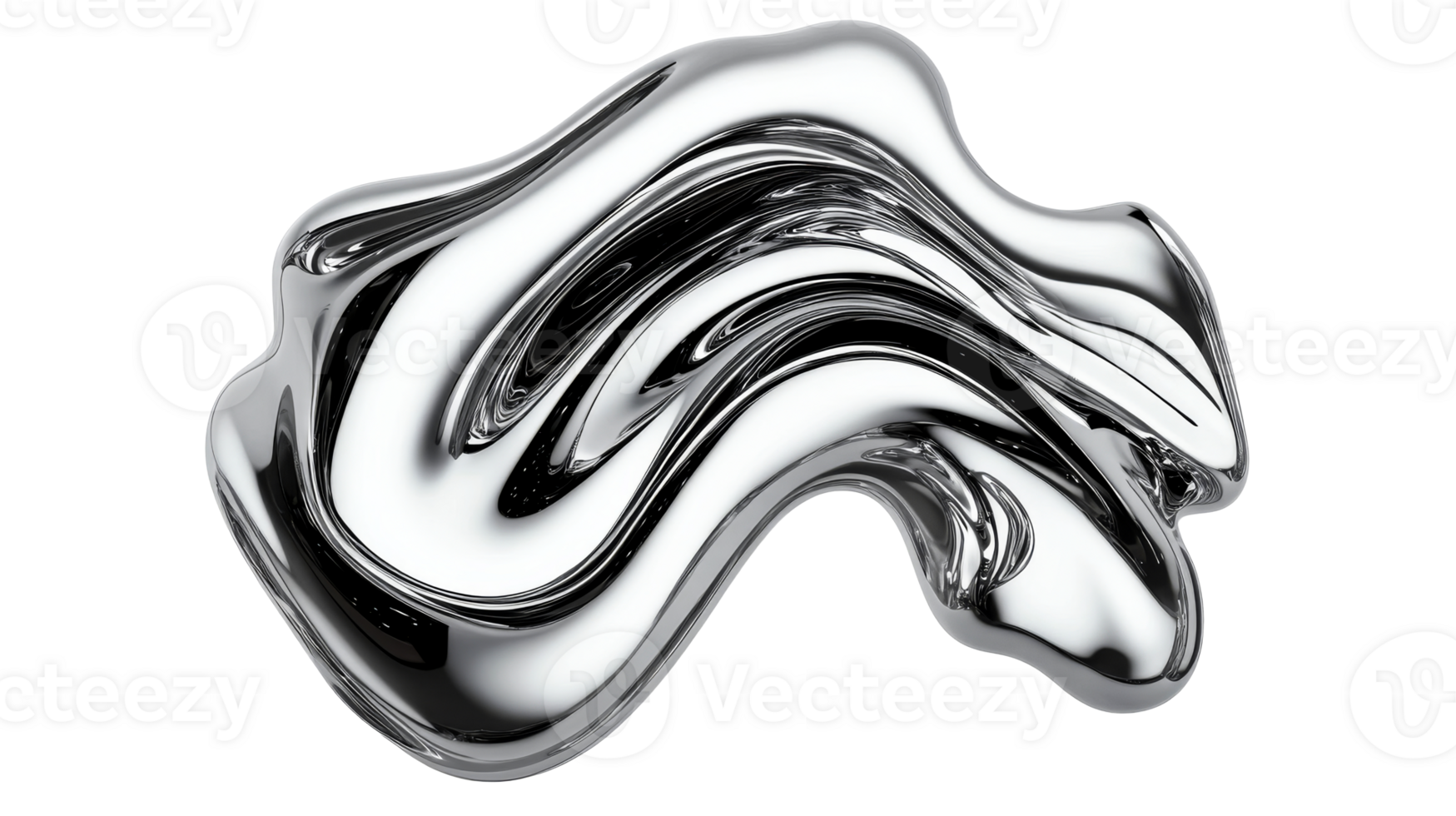 Chrome abstract flowing metallic shape in dynamic waves, cut out transparent png