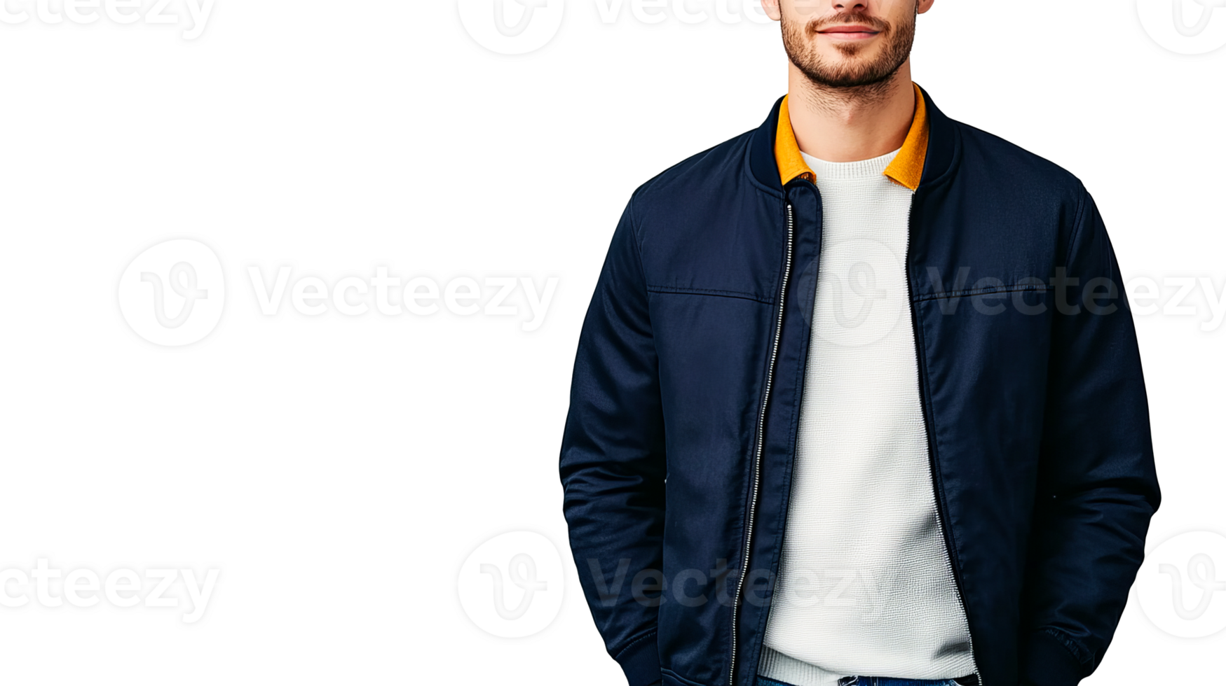 Man torso in bomber jacket, sweater, beard, cut out transparent png