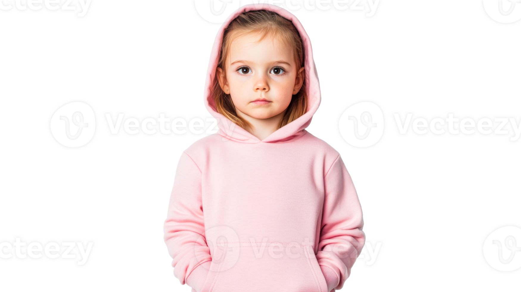 Adorable child in pink hoodie with hands in pockets, cut out transparent png