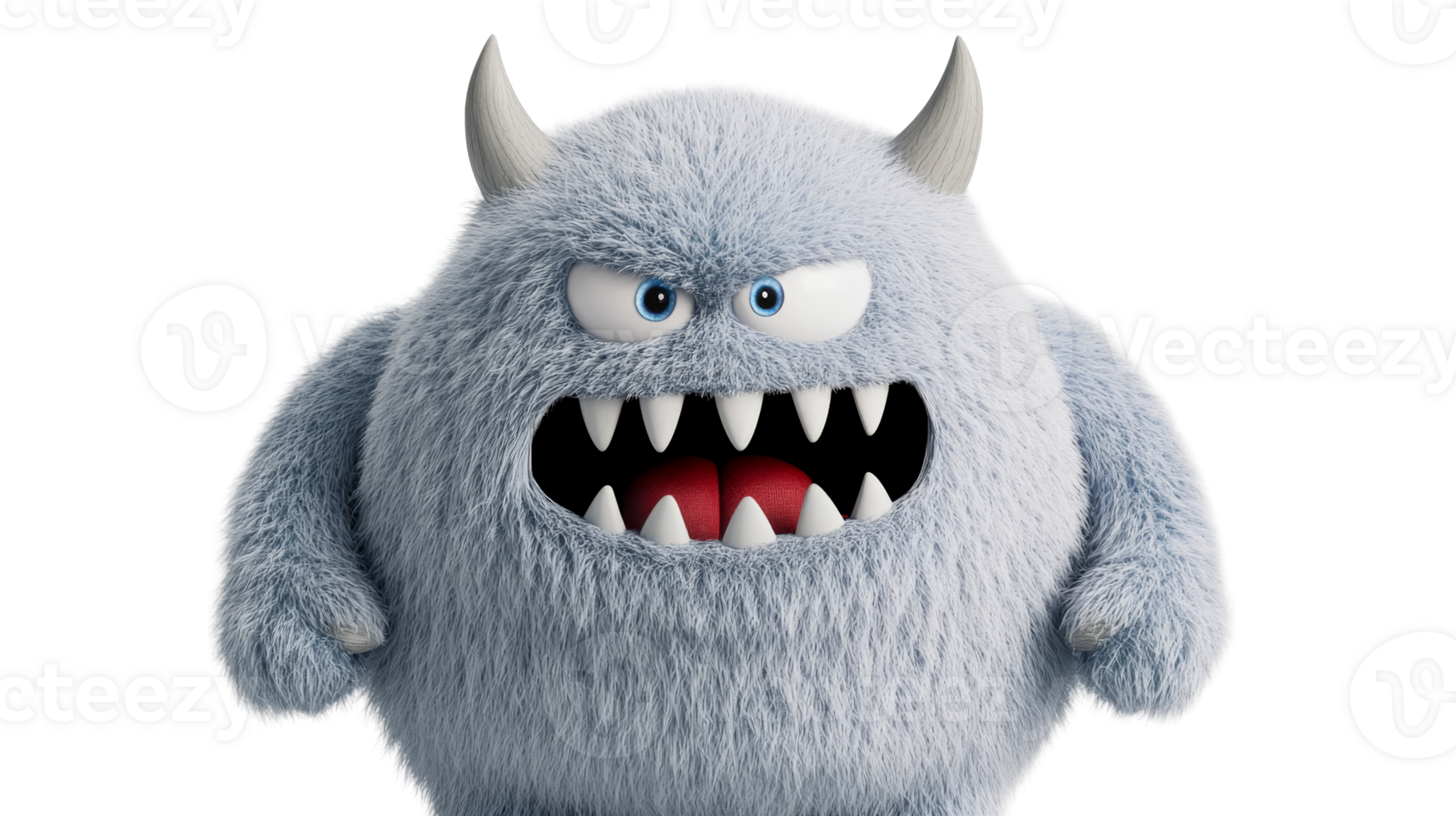Cartoon fluffy monster with horns and big mouth, cut out transparent png