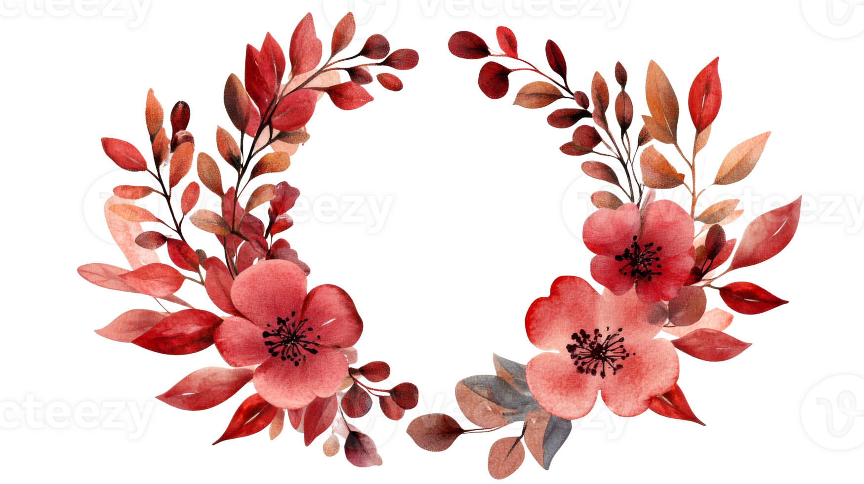 Red flowers and leaves wreath, watercolor painting, floral frame, cut out transparent png