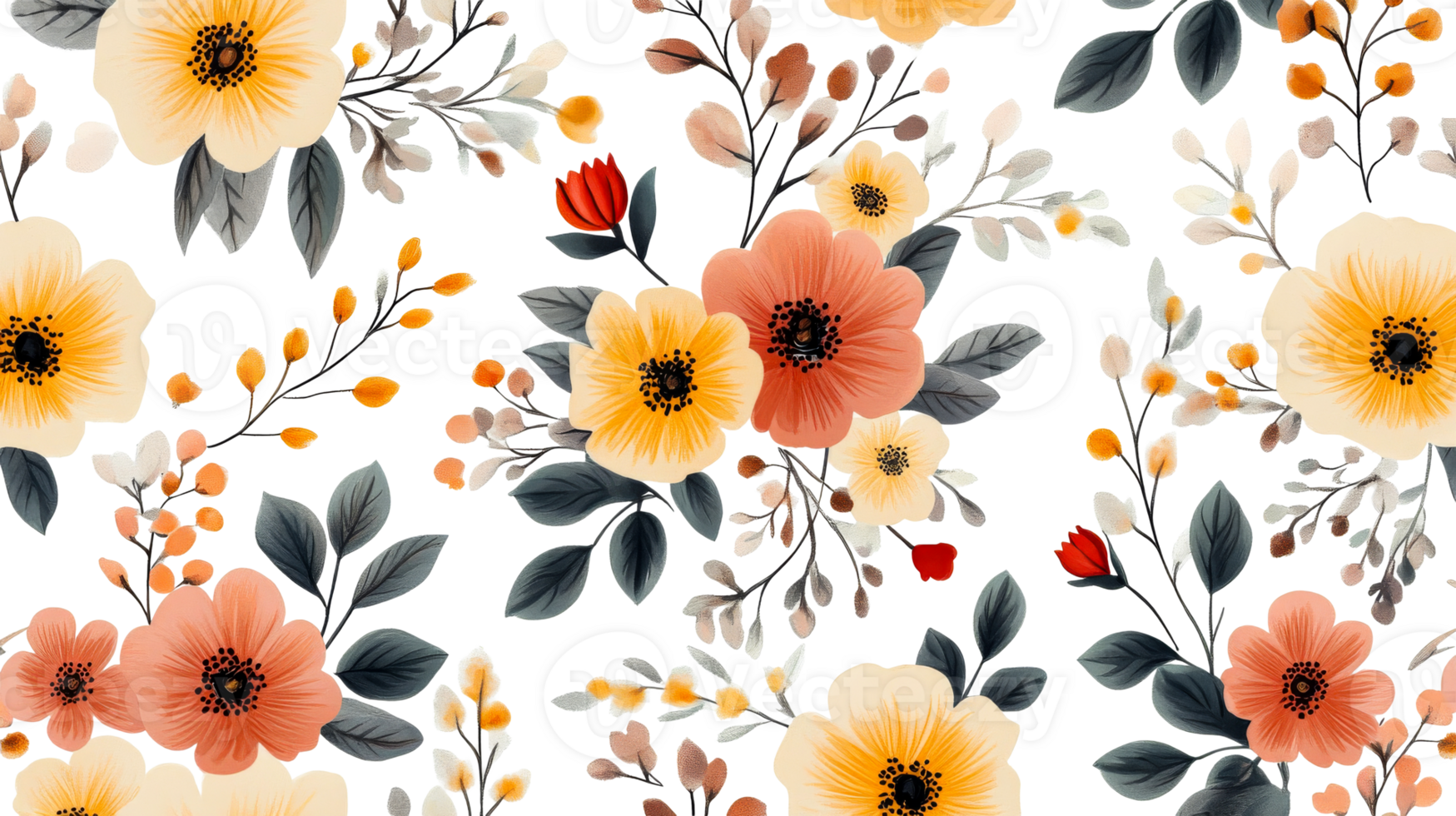 Elegant floral design with colorful flowers and leaves on black background, cut out transparent png