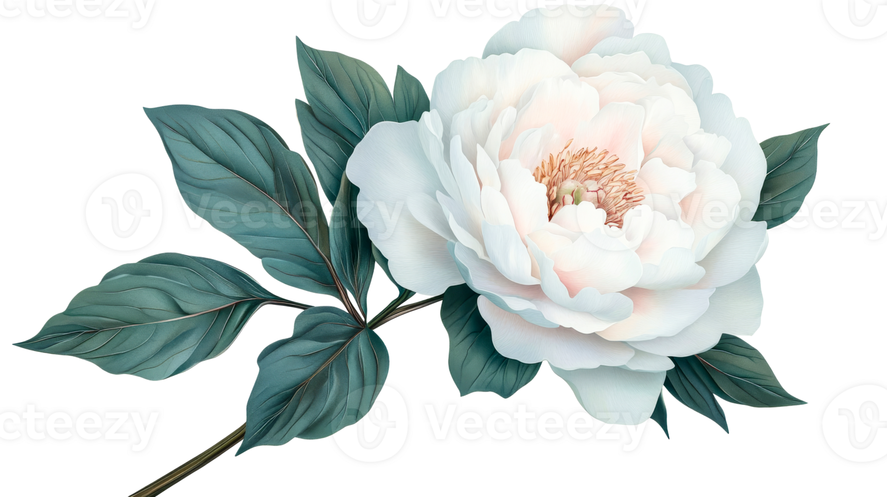 Elegant White Peony Blossom with Green Leaves, Isolated on Black, cut out transparent png