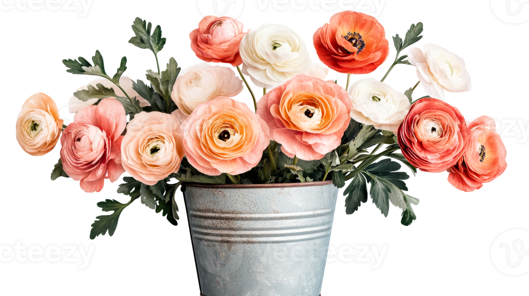 Ranunculus in rustic bucket, cut out transparent png