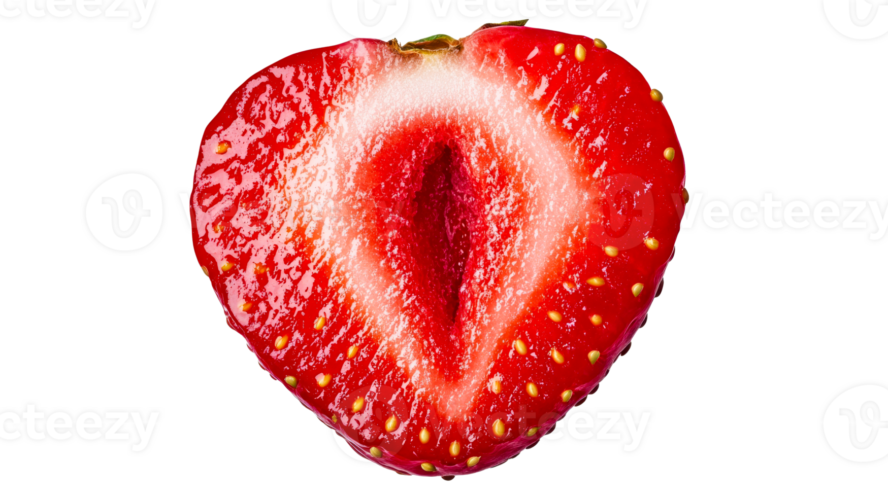 Fresh red strawberry cross section, isolated on black background, cut out transparent png