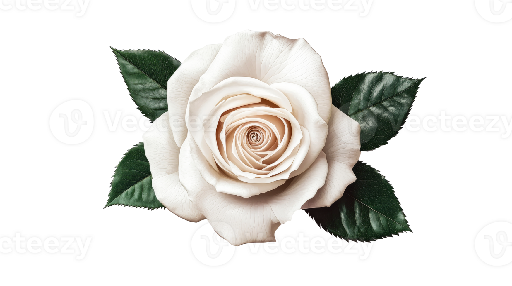 Cream rose flower with green leaves, floral design element, cut out transparent png