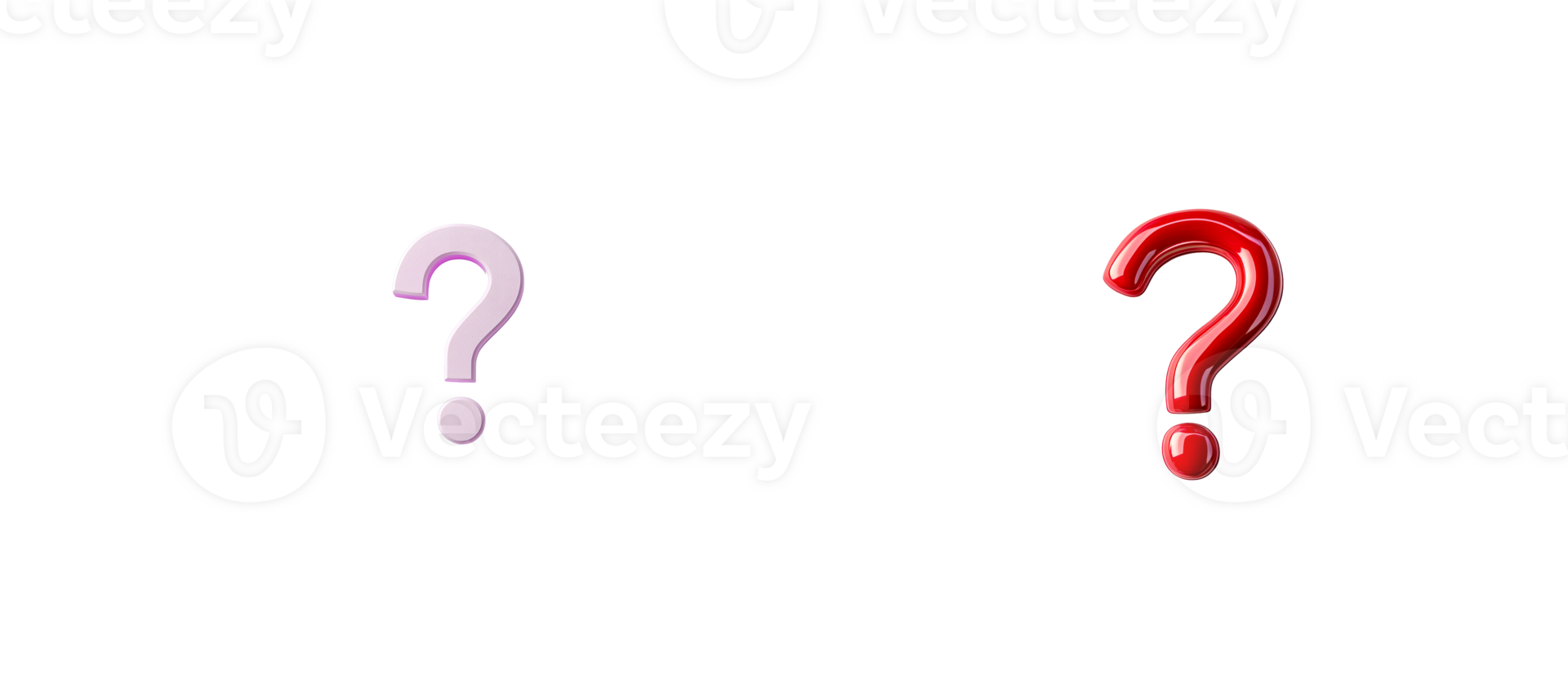 Two glossy question marks on dark backdrop, cut out transparent png