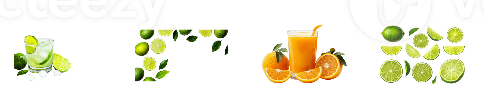 Refreshing lime cocktail, orange juice with citrus fruits arrangement, cut out transparent png