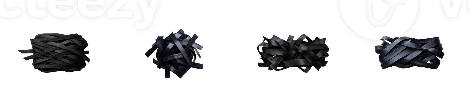 Four bundles of black ribbons, abstract composition, elegant gift wrap, cut out transparent png