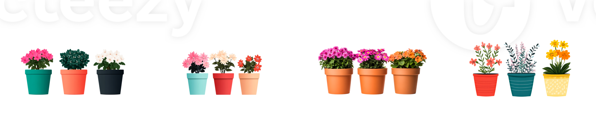 Potted flowers with various colors and different pots, cut out transparent png