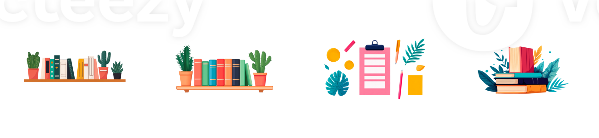 Shelf with books and plants, work desk design elements, cut out transparent png