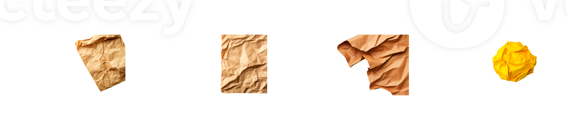 Crumpled craft paper in various conditions, studio shot , cut out transparent png