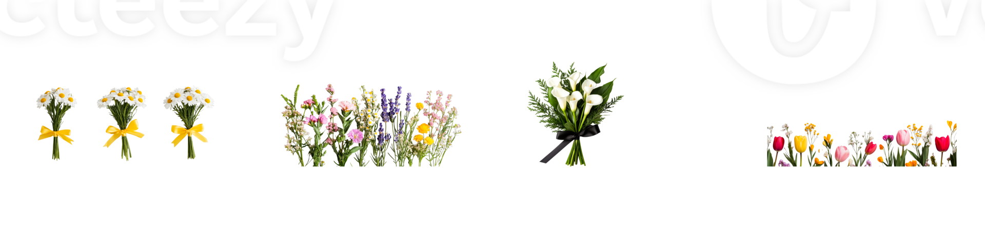 Variety of flower arrangements in different styles, cut out transparent png