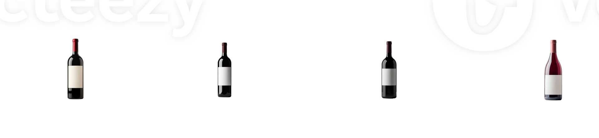 Four different wine bottles with blank labels, cut out transparent png