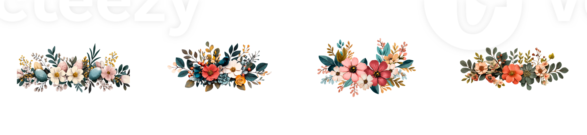 Set of spring flowers illustrations on black background, cut out transparent png