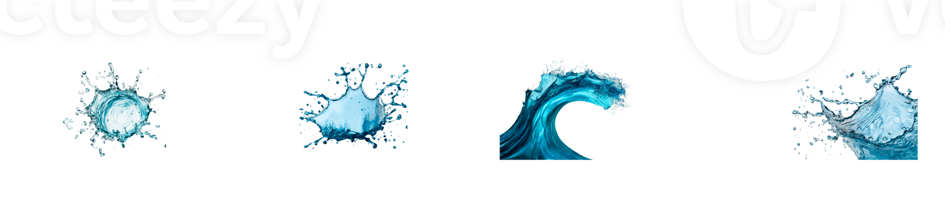 Set of realistic splashes of blue water on black background, cut out transparent png