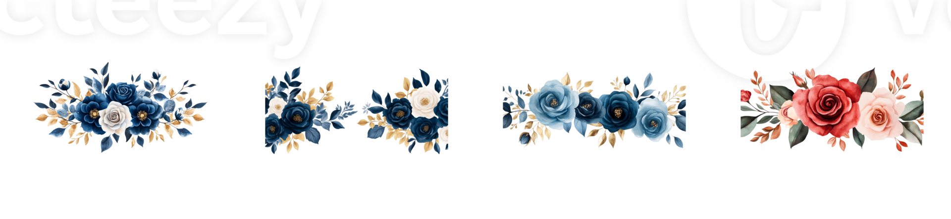 Watercolor floral arrangements of roses and leaves, cut out transparent png