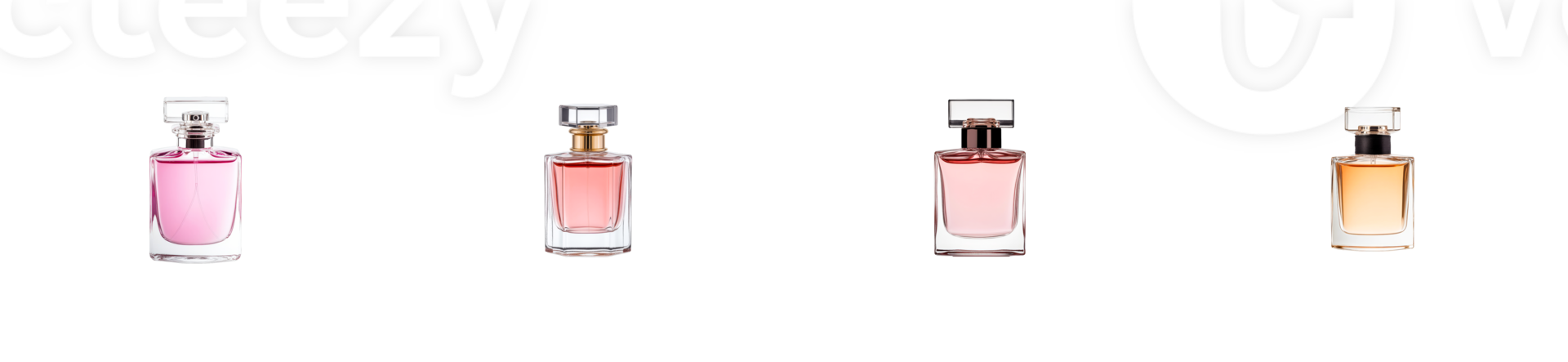 Elegant glass perfume bottles with various fragrance colors, cut out transparent png