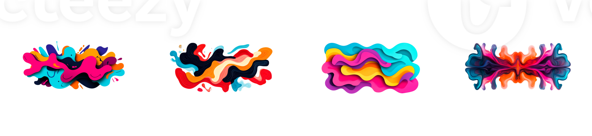 Colorful abstract patterns, fluid shapes on black, cut out transparent png