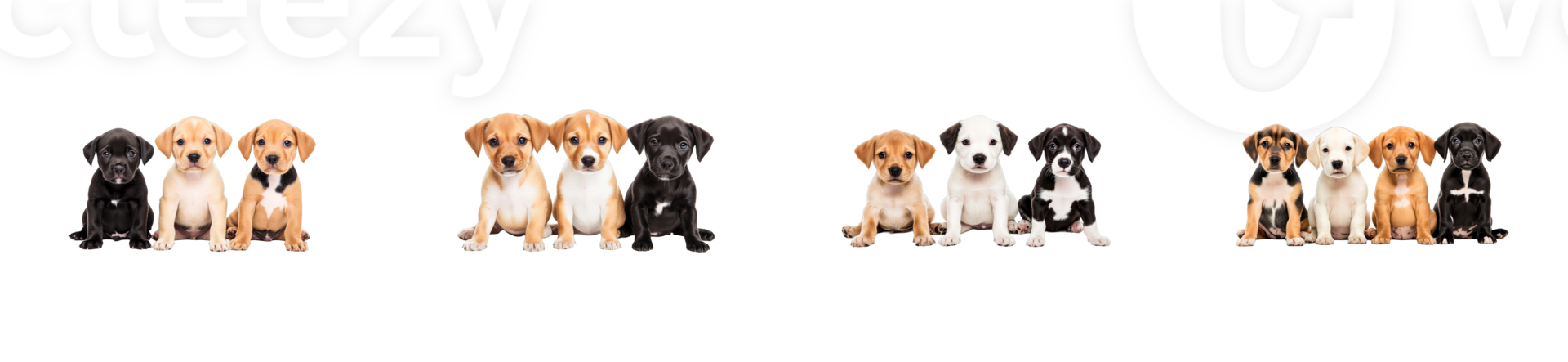 Group of diverse Labrador puppies sitting, isolated on black , cut out transparent png
