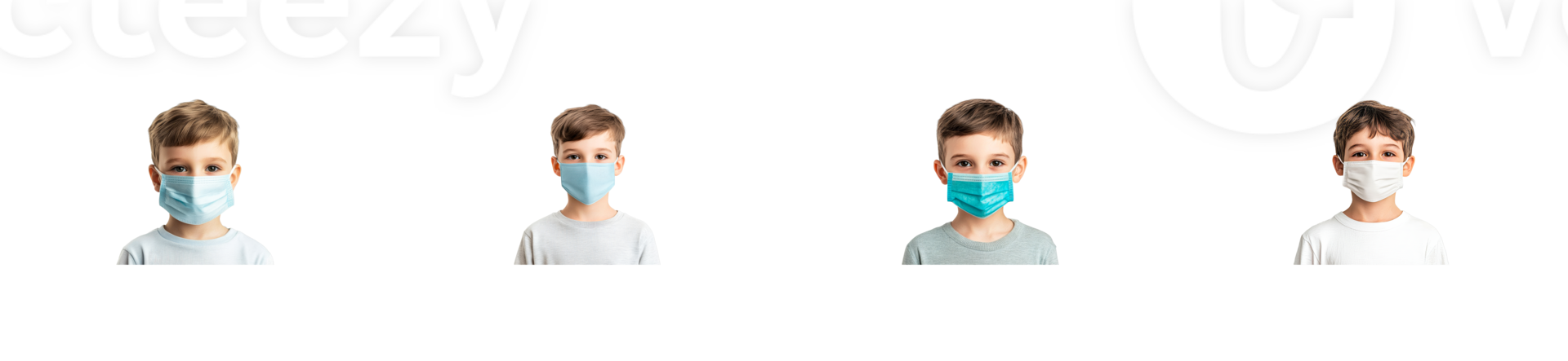Four boys with various medical masks, studio shot, cut out transparent png