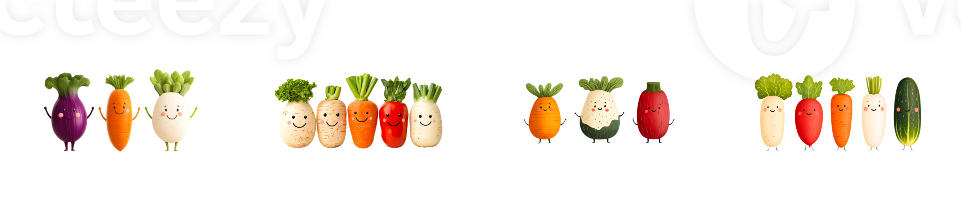 Smiling cartoon vegetables collection on black background, cut out transparent png