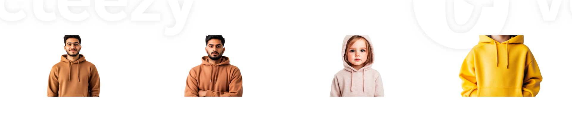 Portraits of persons and objects in sweaters on black background, cut out transparent png