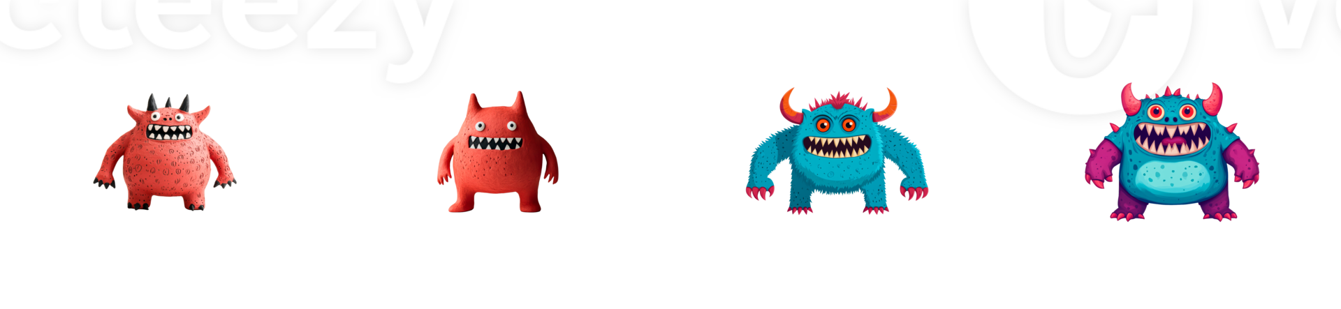 Cartoon monsters with horns and fangs in a row, cut out transparent png