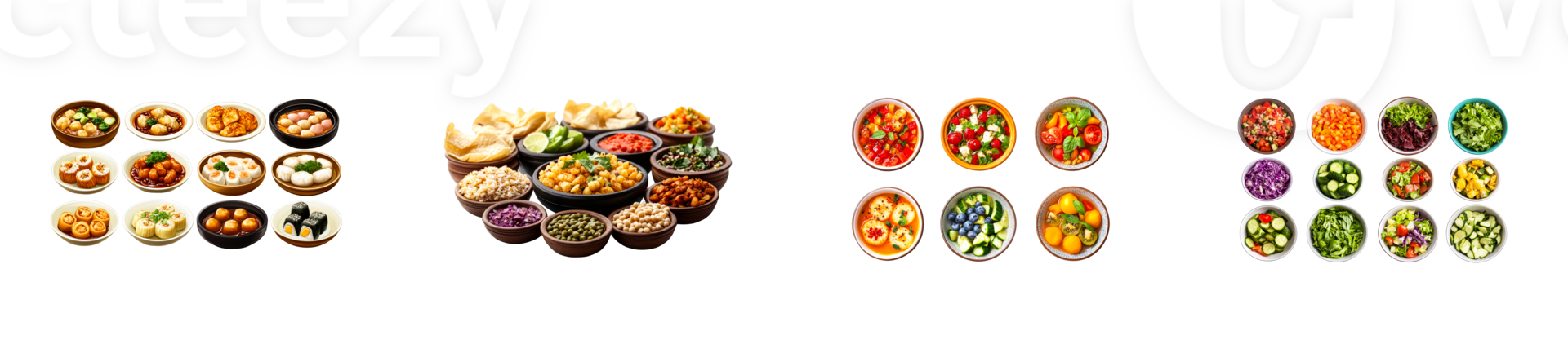 Variety of Asian and Vegetable Dishes in Bowls, cut out transparent png