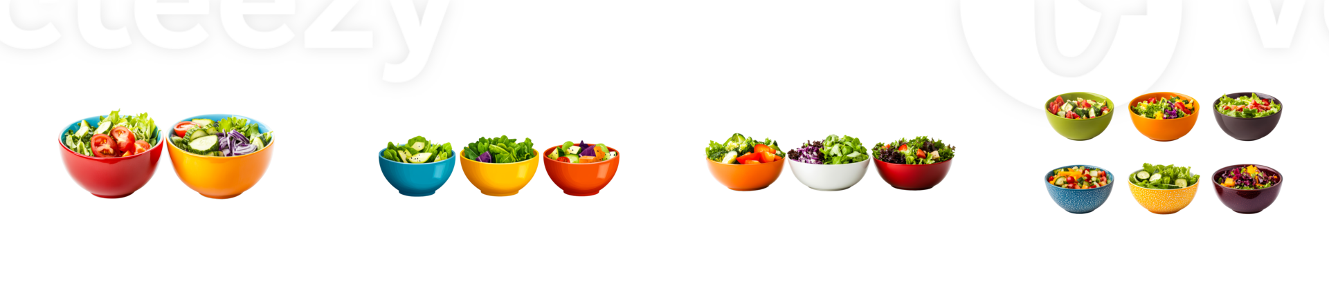 Bowls of fresh salads isolated on black background, cut out transparent png