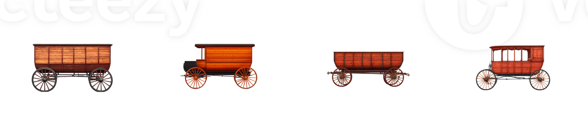 Old Western Wooden Wagons in a Row, cut out transparent png
