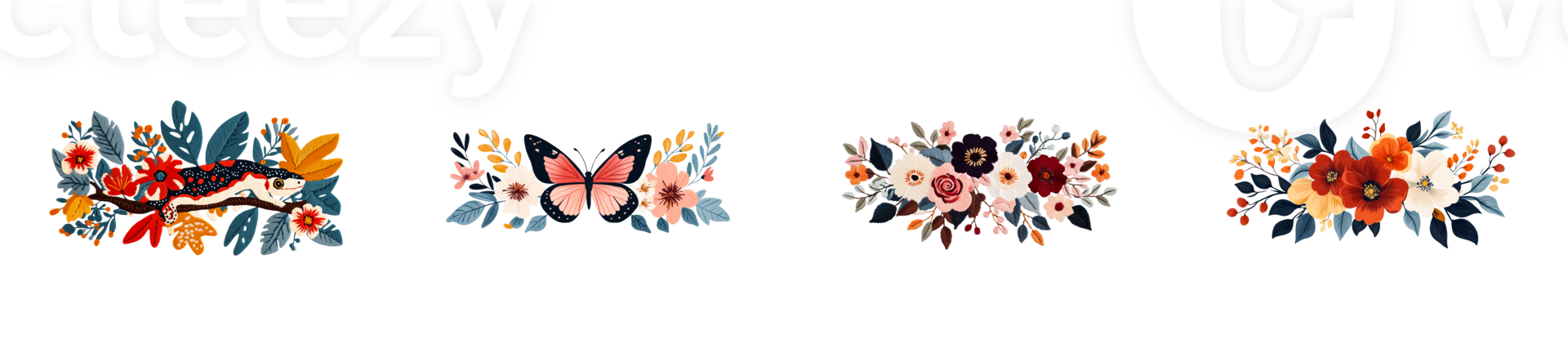 Floral Decoration Elements Set With Butterfly and Lizard, cut out transparent png