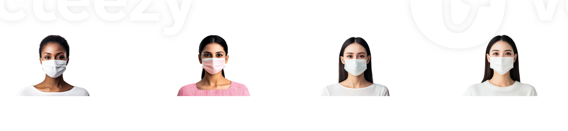 Four women in medical face masks pose, diverse looks, transparent png