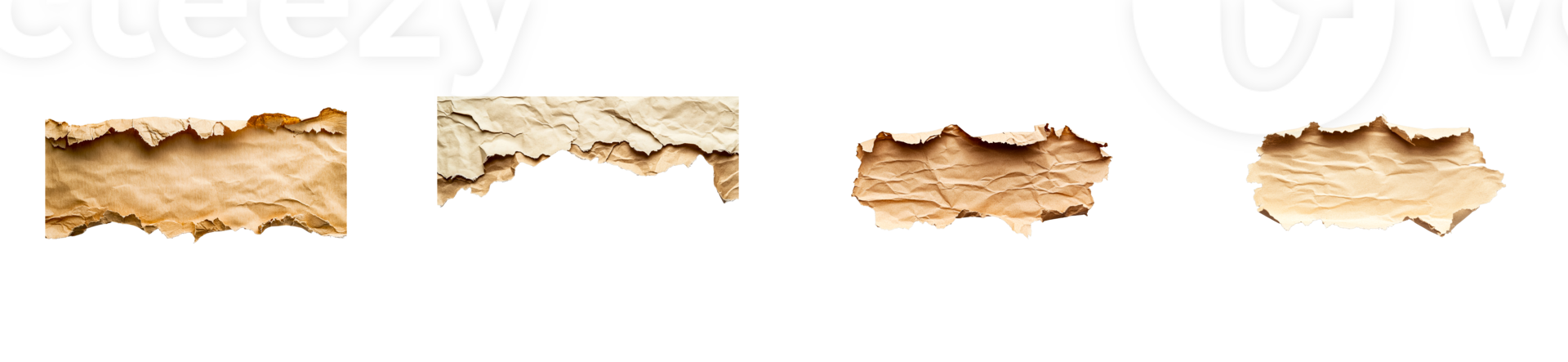 Old, vintage paper sheets with burnt edges on black background, cut out transparent png