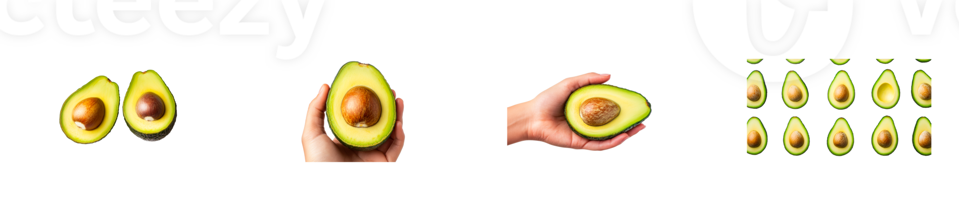 Avocado halves, hands holding avocado, overhead avocado, cut out transparent png
