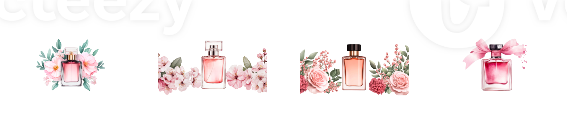 Perfume bottles with flowers, elegant fragrance, isolated, transparent png