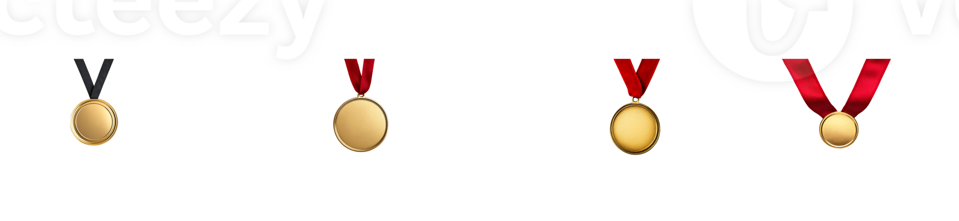 Set of golden medals with different ribbons, cut out transparent png