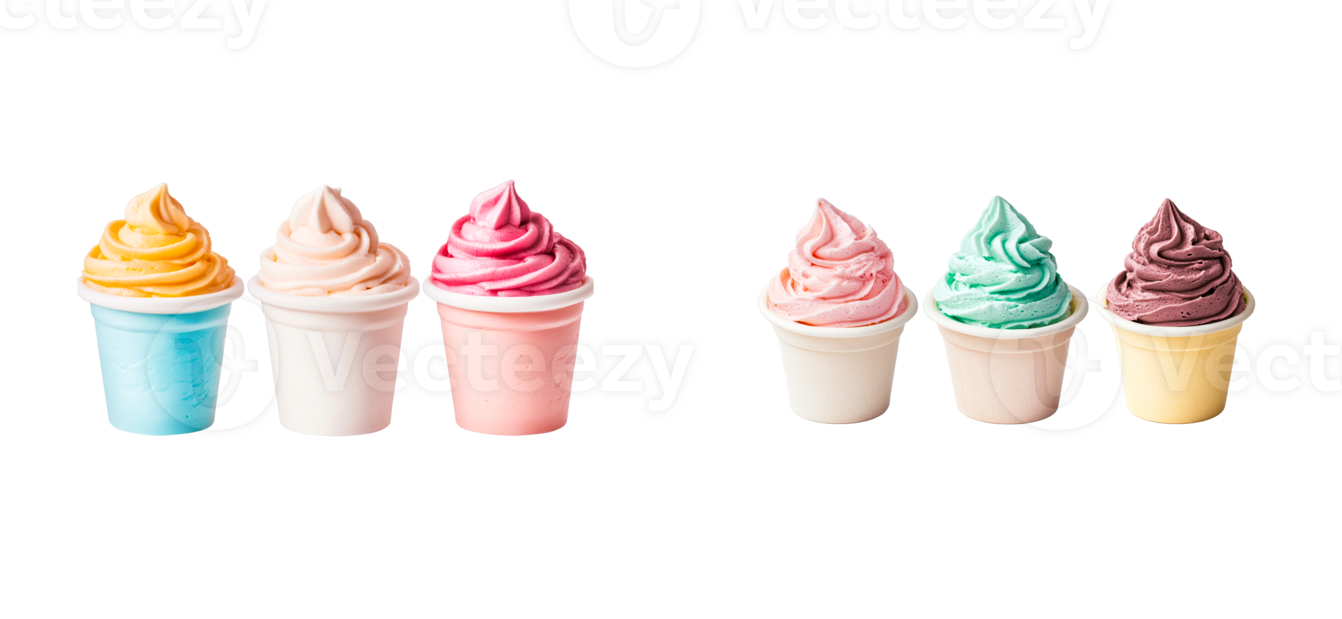 Colorful assortment of frozen yogurt, swirl, dessert, cups, cut out transparent png