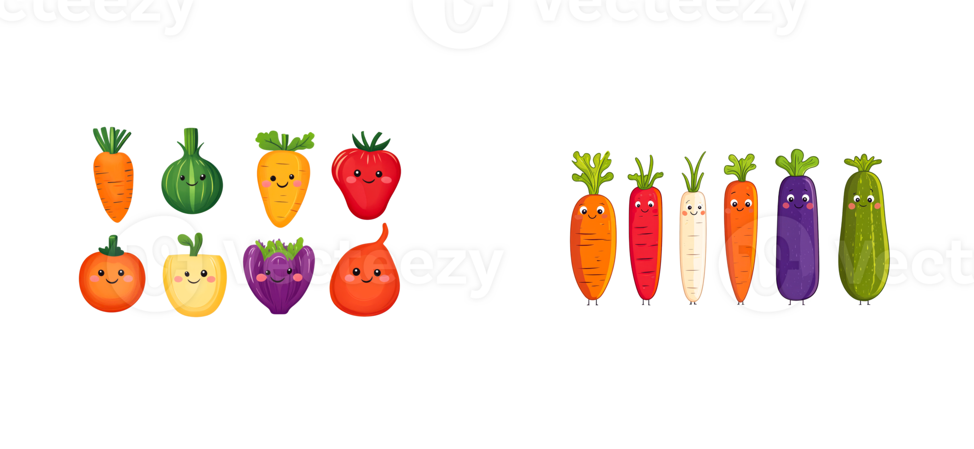 Cute, cartoon vegetables with happy faces and expressions, cut out transparent png