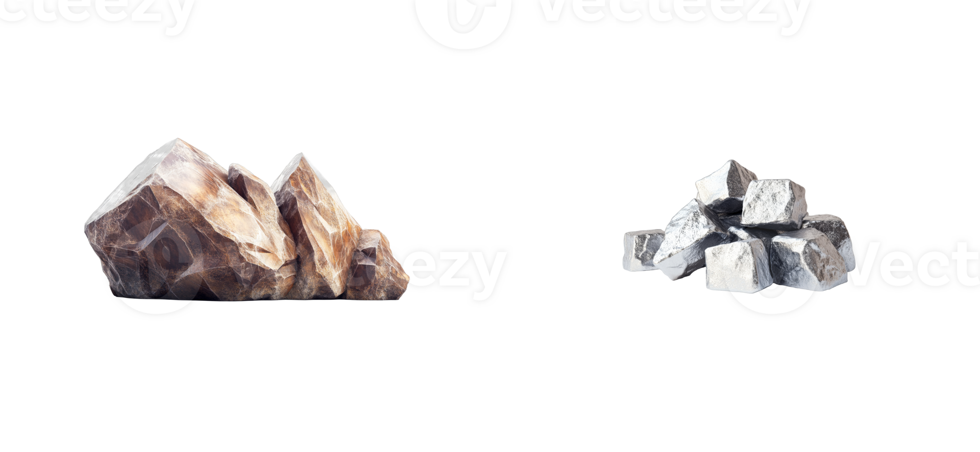 Quartz stone and silver chunks isolated on black, cut out transparent png