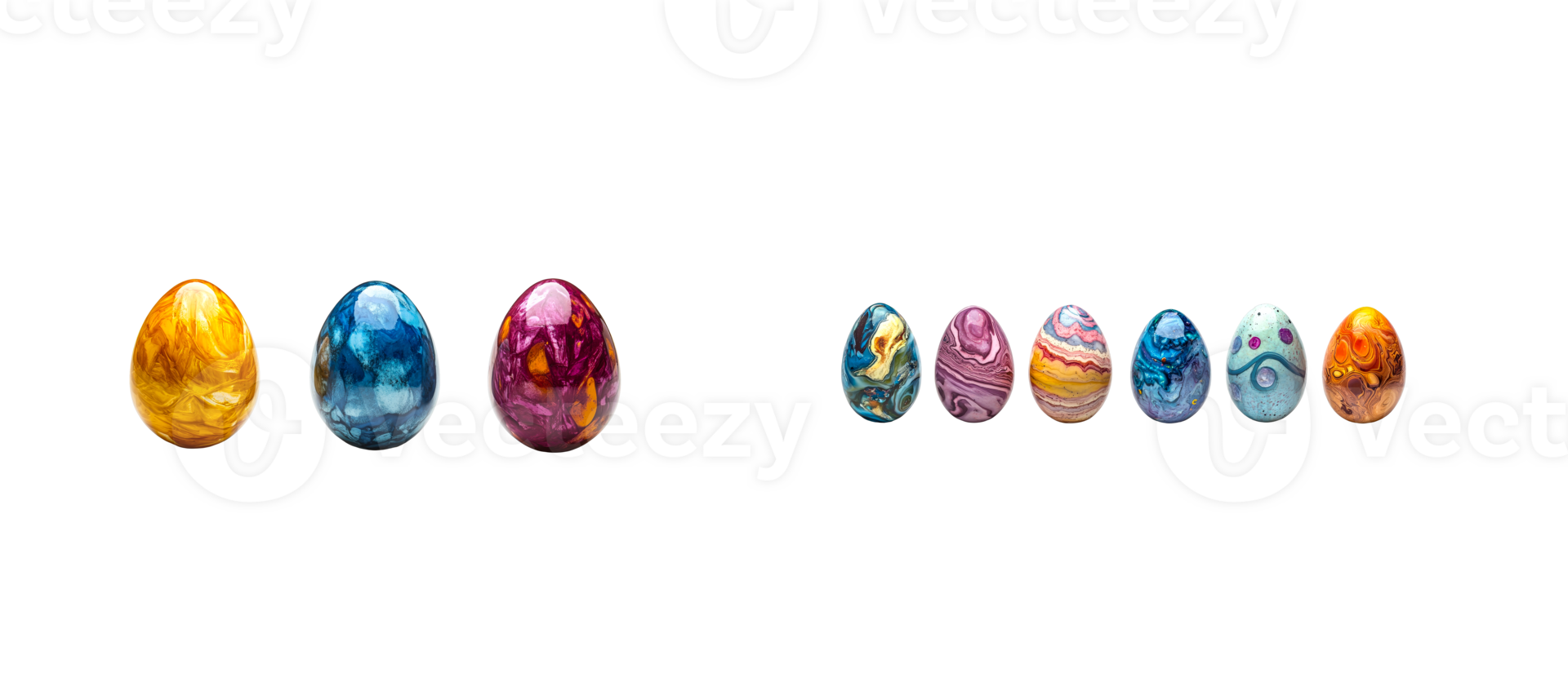 Decorative Easter eggs painted with colorful unique patterns, cut out transparent png