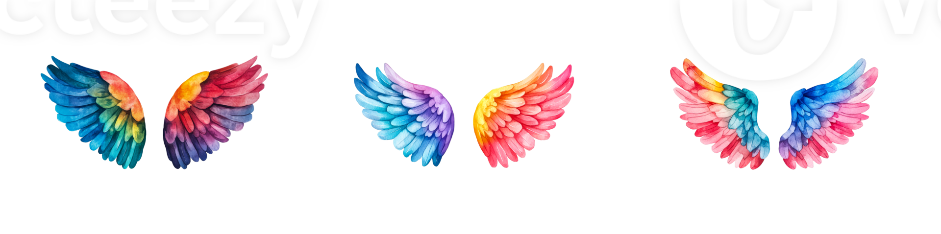 Watercolor angel wings set, colorful feathers isolated, cut out transparent png