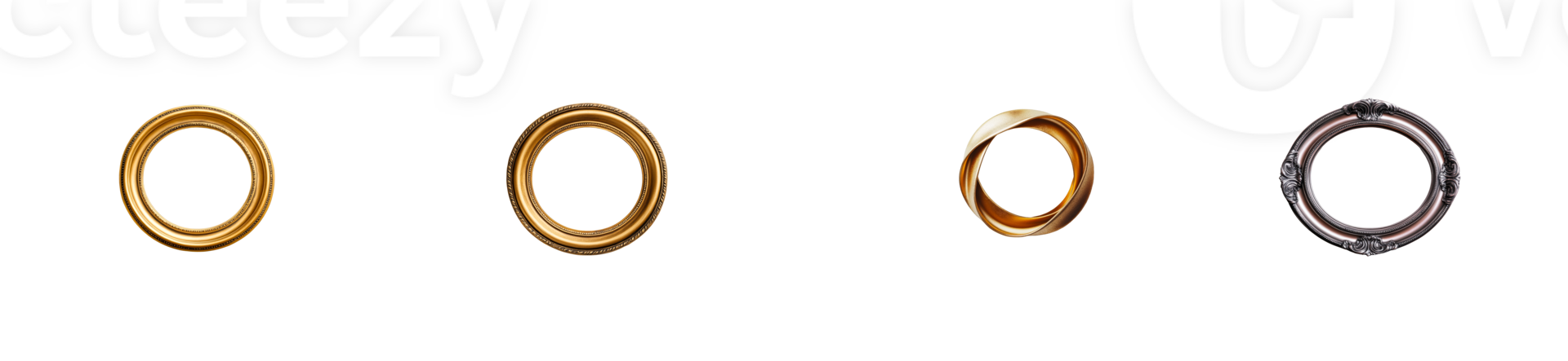 Set of oval frames in gold and silver, cut out transparent png