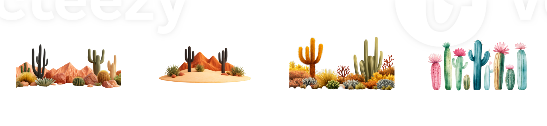 Cactus garden with rocky mountains, bright flowers, desert landscape, cut out transparent png