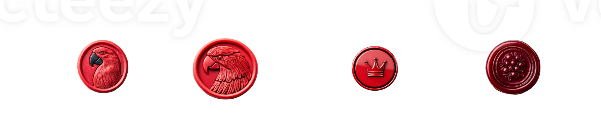 Four different embossed wax seals, parrot, eagle, crown, grapes, cut out transparent png