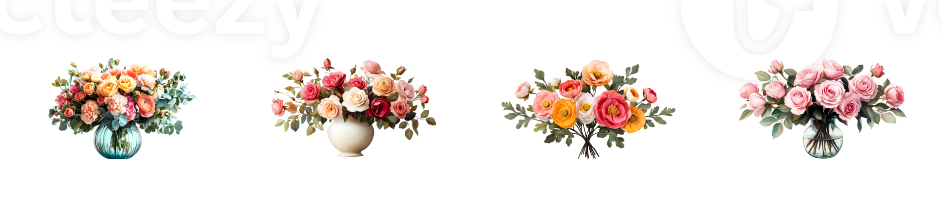 Lush floral arrangements in vases, detailed, ornate style, cut out transparent png